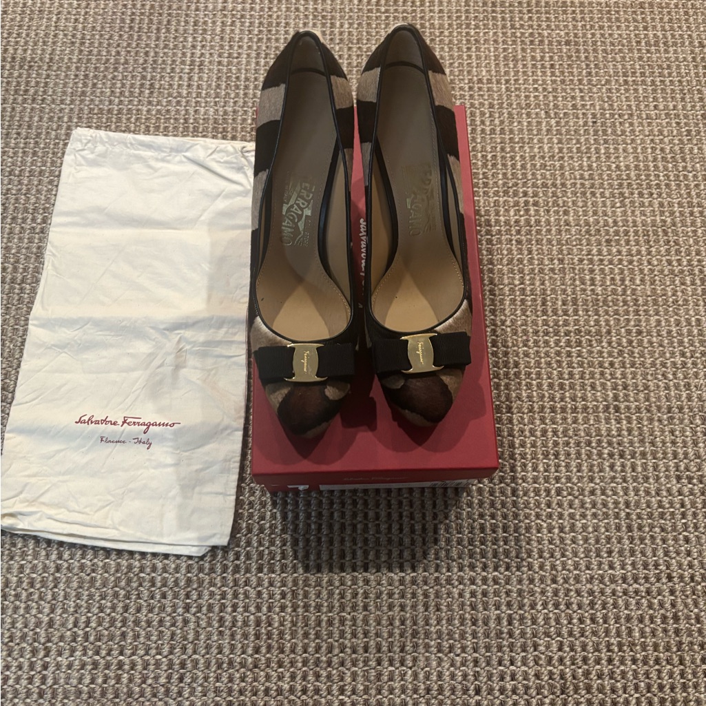 Salvatore Ferragamo Black And Brown Pony Heels